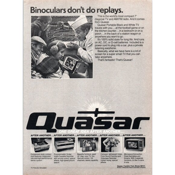 1981 Quasar Portable 7" TV Vintage Print Ad 80s High Tech Football Game Wall Art - Picture 1 of 2